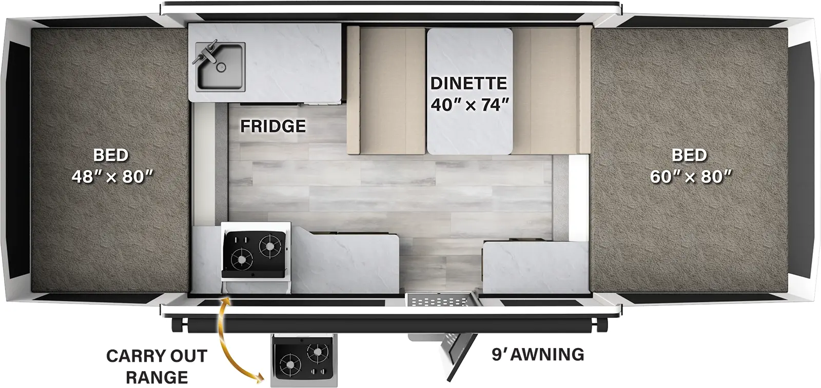 The 1940LTD has no slideouts and one entry door. Exterior features a 9 foot awning and a carry out range. Interior layout front to back: tent bed; kitchen area with dinette, sink, refrigerator, two cabinets, and a carry out range; rear tent bed.